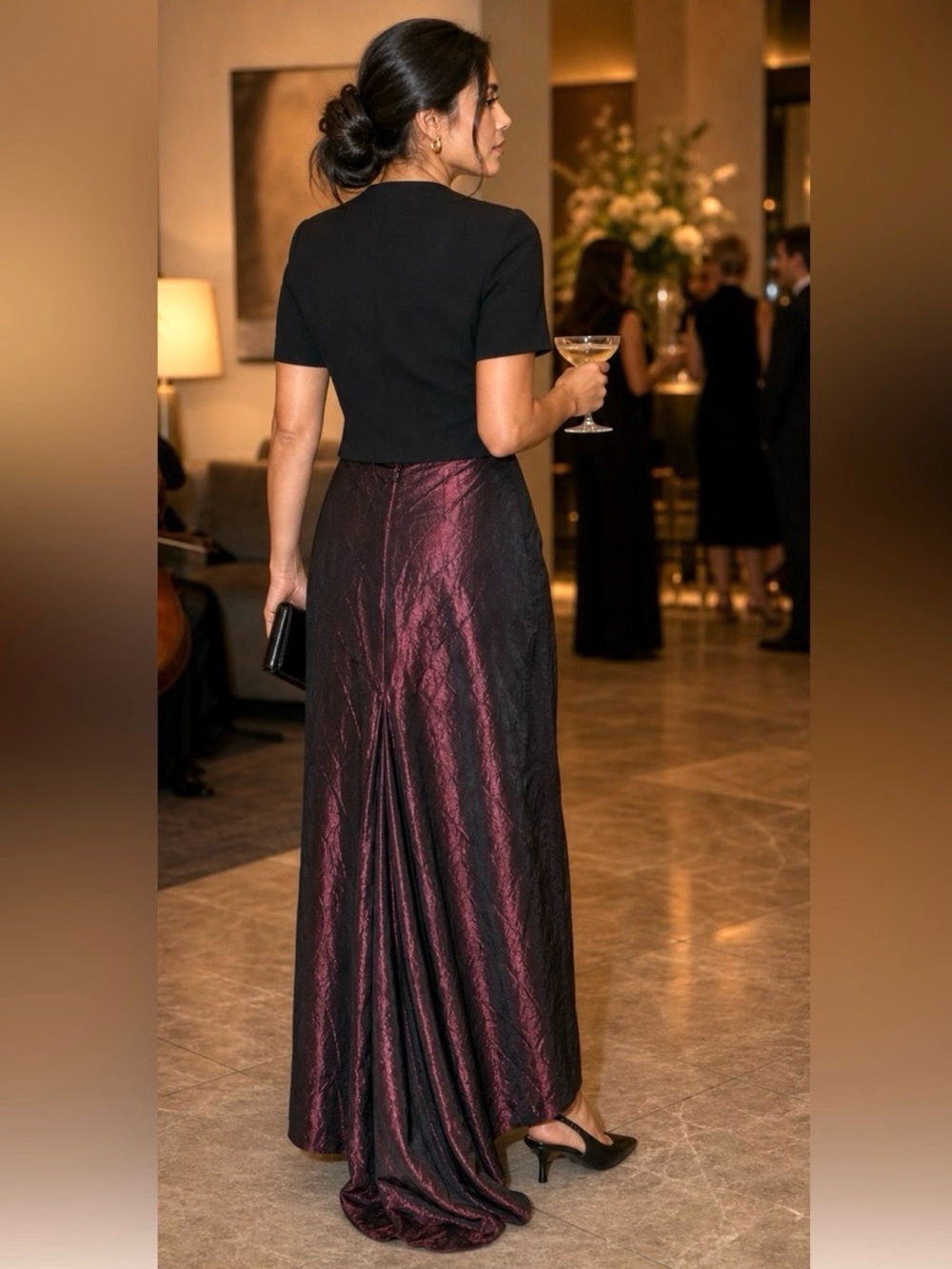 Vintage 90s Burgundy Black Sheen Maxi Skirt Godet • Formal & Evening 4 seasons
